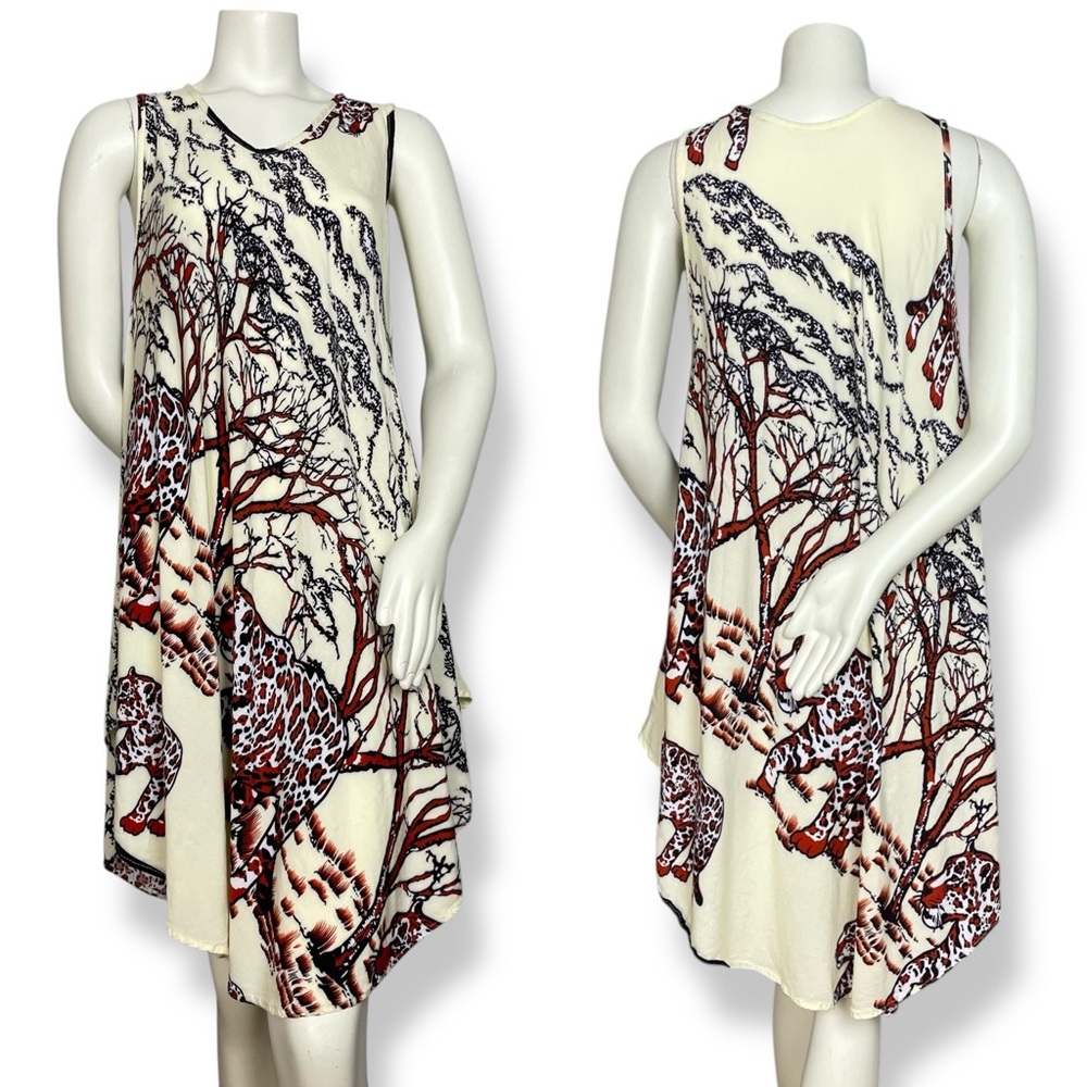 Jungle Print Dress Tunic Leopard Sleeveless Swing Relaxed Fit Women Animal Trees